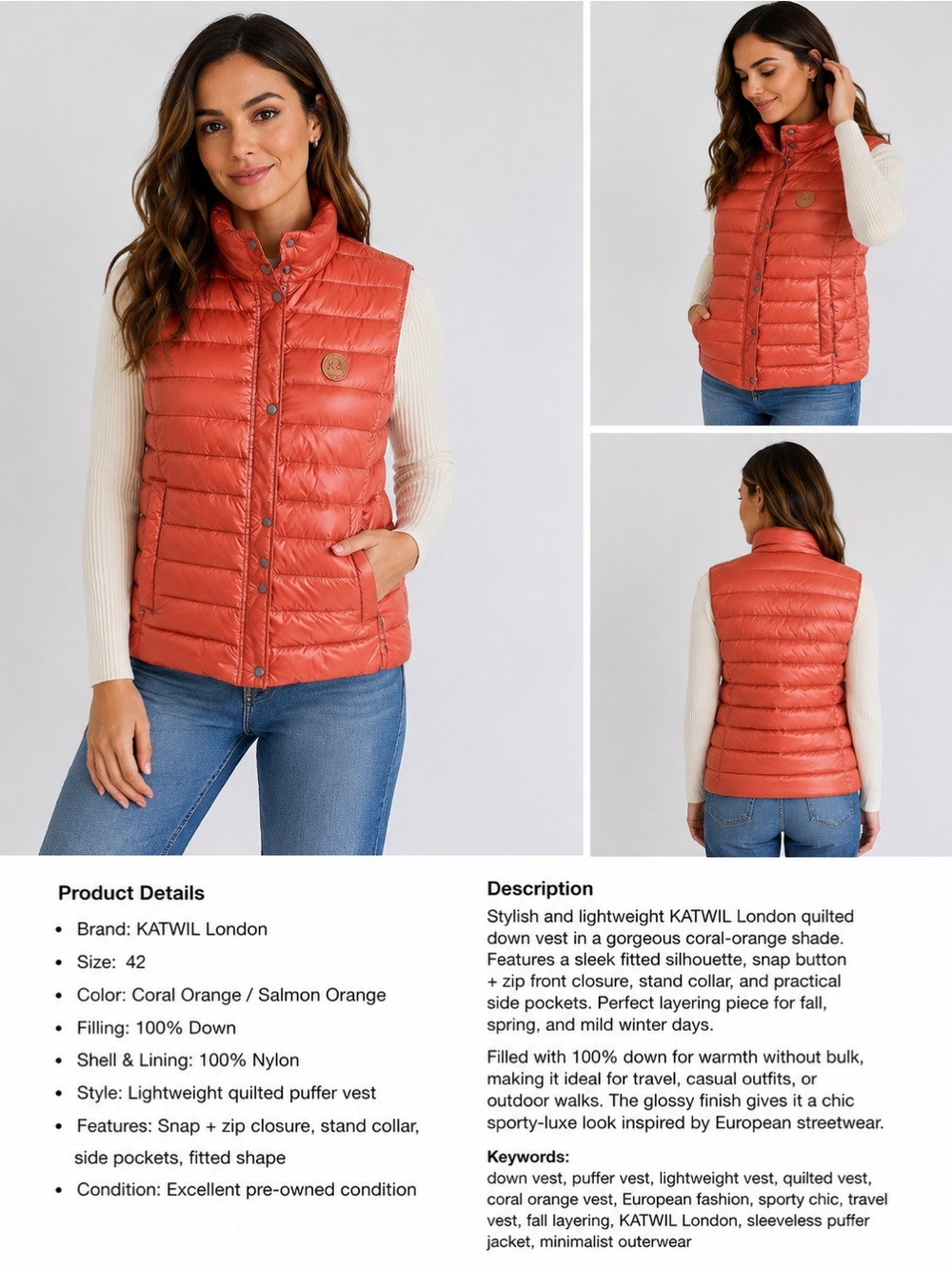 Coral-Orange Quilted Down Puffer Vest